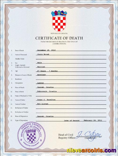 Croatia death certificate